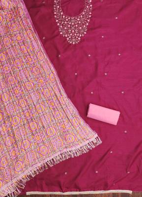 pink cotton blend embroidered unstitched dressmaterials 3 pair top bottom dupptaa 2