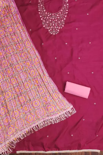pink cotton blend embroidered unstitched dressmaterials 3 pair top bottom dupptaa