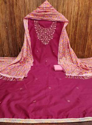 pink cotton blend embroidered unstitched dressmaterials 3 pair top bottom dupptaa 3
