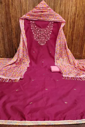 pink cotton blend embroidered unstitched dressmaterials 3 pair top bottom dupptaa