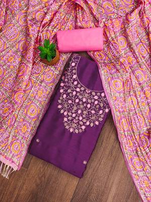 purple cotton blend embroidered unstitched dressmaterials 3 pair top bottom dupptaa 1