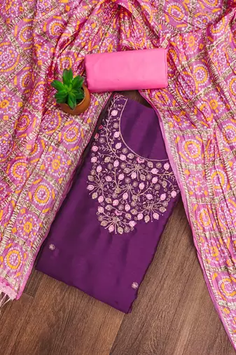 purple cotton blend embroidered unstitched dressmaterials 3 pair top bottom dupptaa