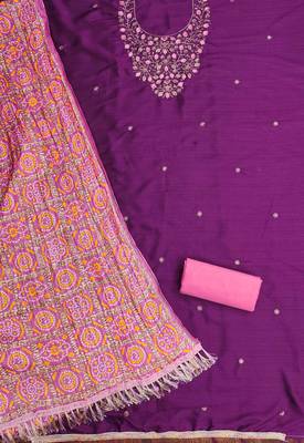 purple cotton blend embroidered unstitched dressmaterials 3 pair top bottom dupptaa 2