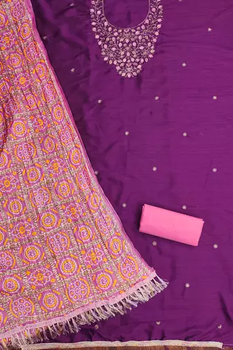 purple cotton blend embroidered unstitched dressmaterials 3 pair top bottom dupptaa