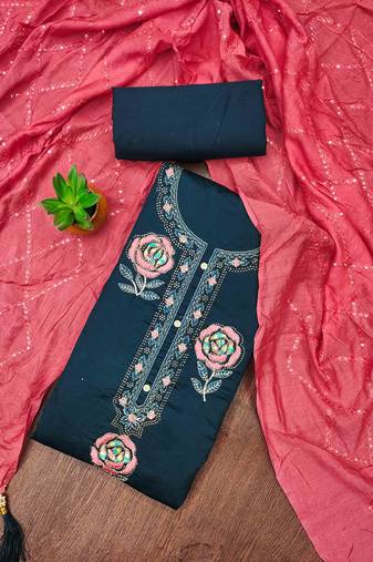 blue silk blend embroidered unstitched dressmaterials 3 pair top bottom dupptaa