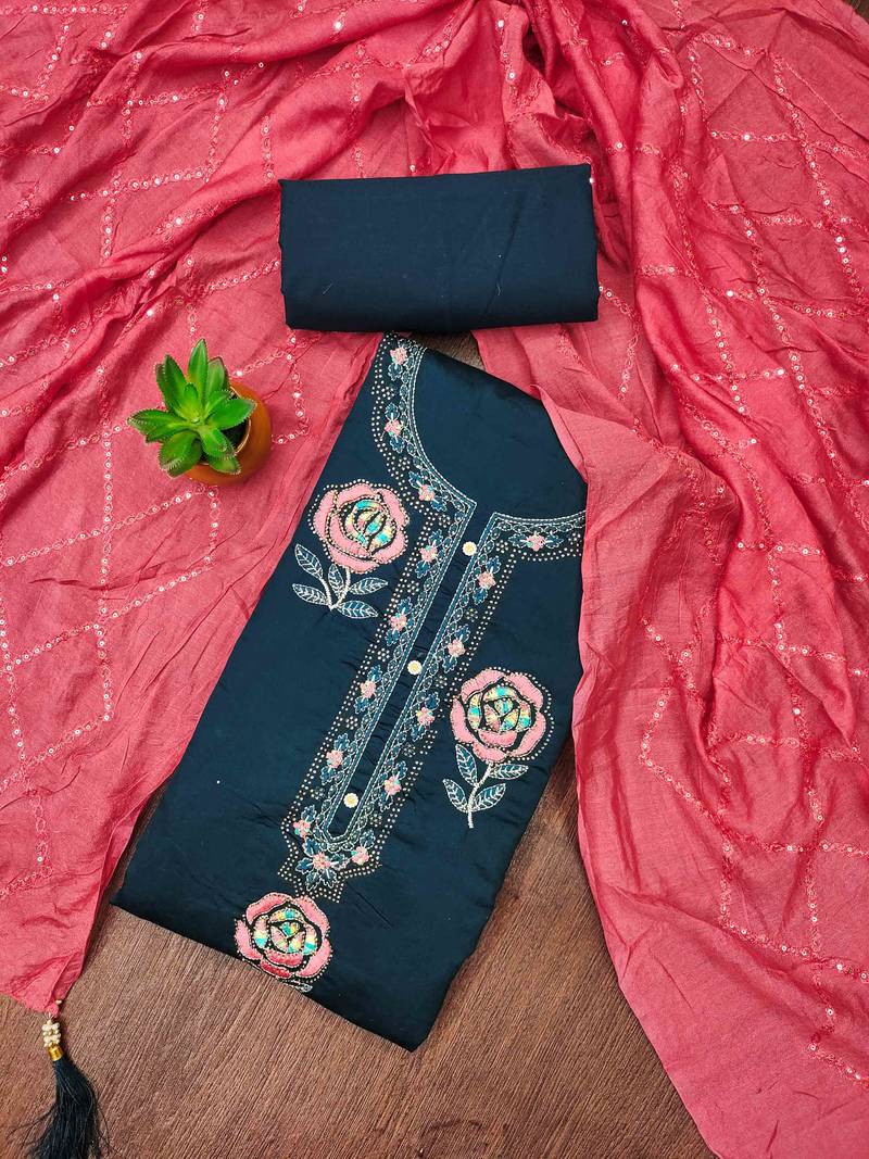 blue silk blend embroidered unstitched dressmaterials 3 pair top bottom dupptaa