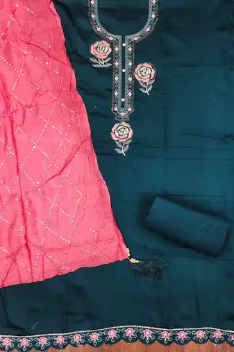 blue silk blend embroidered unstitched dressmaterials 3 pair top bottom dupptaa