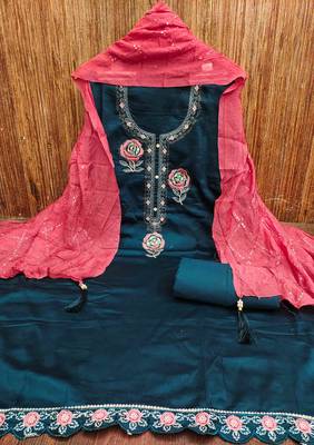 blue silk blend embroidered unstitched dressmaterials 3 pair top bottom dupptaa 3
