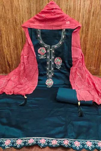 blue silk blend embroidered unstitched dressmaterials 3 pair top bottom dupptaa