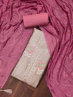 grey silk blend embroidered unstitched dressmaterials 3 pair top bottom dupptaa 1