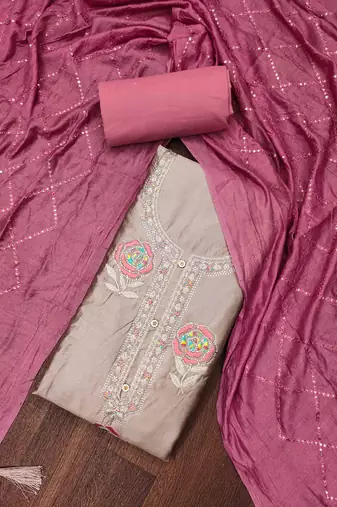 grey silk blend embroidered unstitched dressmaterials 3 pair top bottom dupptaa