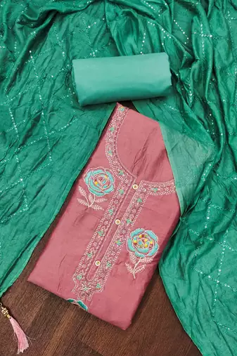 pink silk blend embroidered unstitched dressmaterials 3 pair top bottom dupptaa