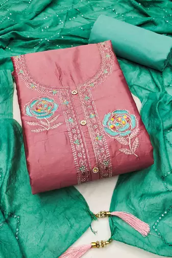 pink silk blend embroidered unstitched dressmaterials 3 pair top bottom dupptaa