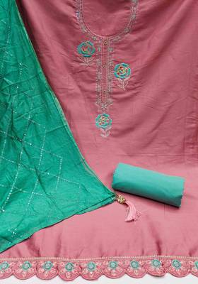 pink silk blend embroidered unstitched dressmaterials 3 pair top bottom dupptaa 3
