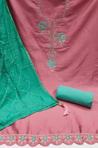 pink silk blend embroidered unstitched dressmaterials 3 pair top bottom dupptaa