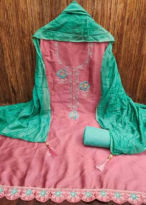 pink silk blend embroidered unstitched dressmaterials 3 pair top bottom dupptaa 4