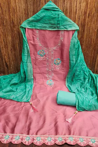 pink silk blend embroidered unstitched dressmaterials 3 pair top bottom dupptaa