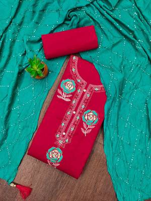red georgette embroidered unstitched dressmaterials 3 pair top bottom dupptaa 1
