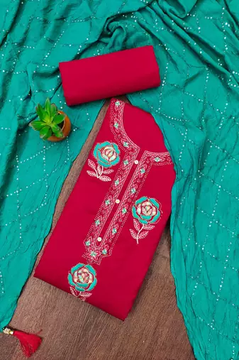 red georgette embroidered unstitched dressmaterials 3 pair top bottom dupptaa
