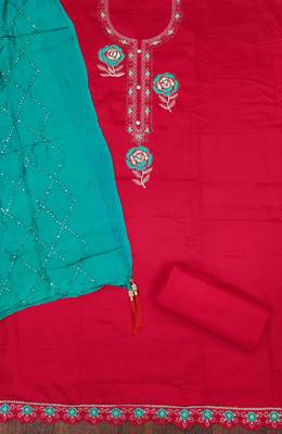 red georgette embroidered unstitched dressmaterials 3 pair top bottom dupptaa 2