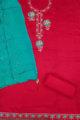 red georgette embroidered unstitched dressmaterials 3 pair top bottom dupptaa