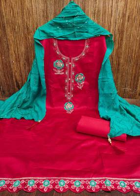 red georgette embroidered unstitched dressmaterials 3 pair top bottom dupptaa 3