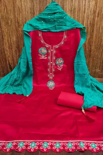 red georgette embroidered unstitched dressmaterials 3 pair top bottom dupptaa