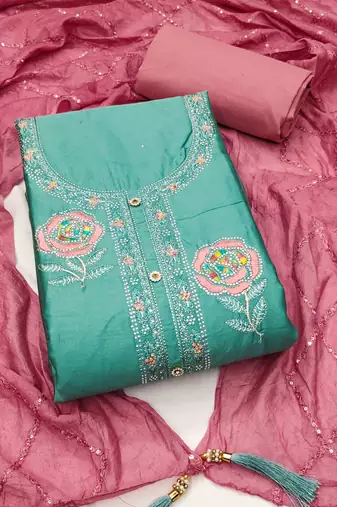 sky silk blend embroidered unstitched dressmaterials 3 pair top bottom dupptaa