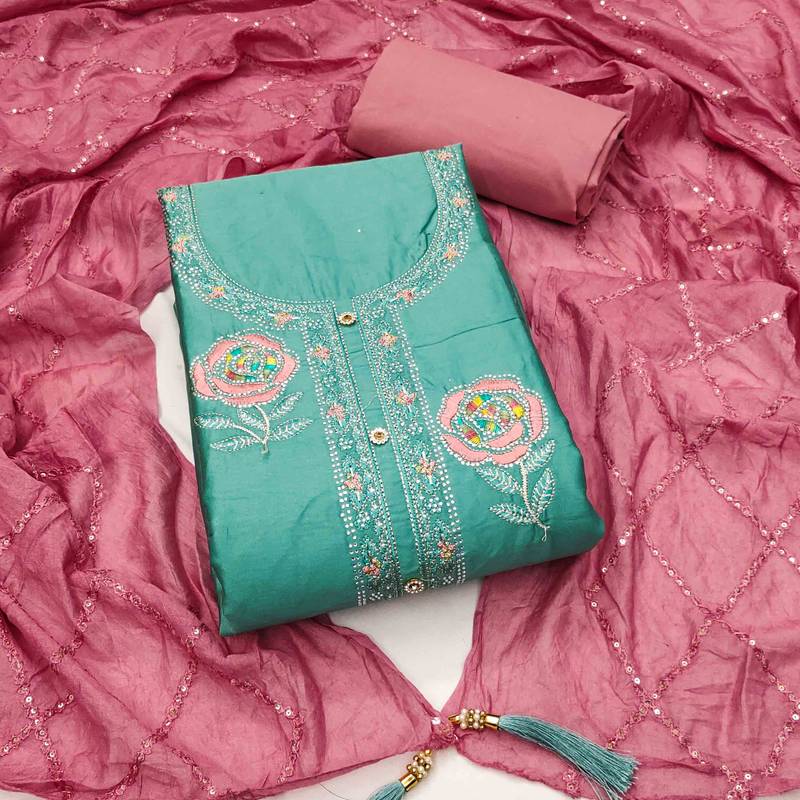 sky silk blend embroidered unstitched dressmaterials 3 pair top bottom dupptaa