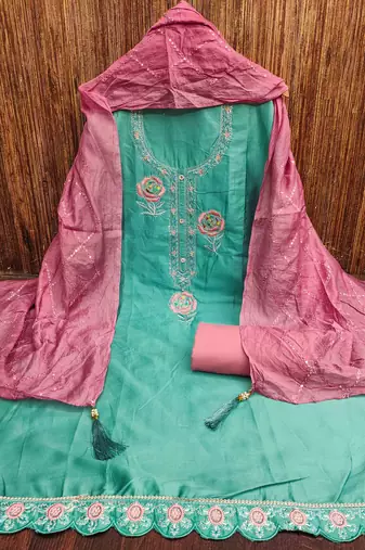sky silk blend embroidered unstitched dressmaterials 3 pair top bottom dupptaa