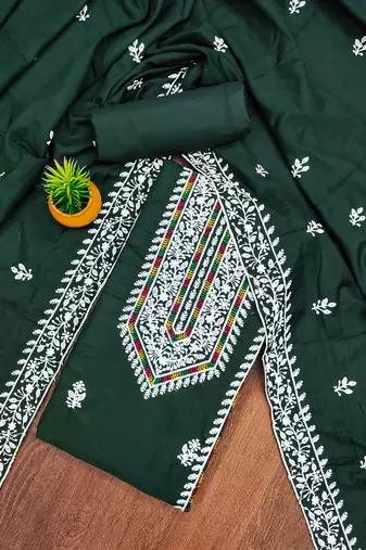 green silk blend embroidered unstitched dressmaterials 3 pair top bottom dupptaa