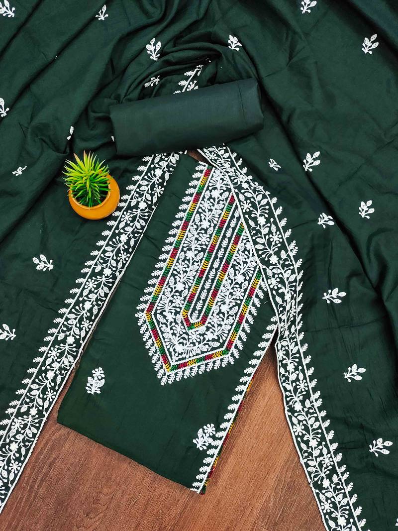 green silk blend embroidered unstitched dressmaterials 3 pair top bottom dupptaa