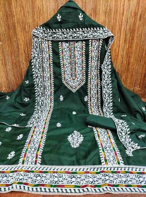 green silk blend embroidered unstitched dressmaterials 3 pair top bottom dupptaa 2