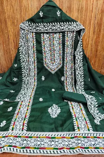 green silk blend embroidered unstitched dressmaterials 3 pair top bottom dupptaa