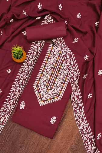 maroon silk blend embroidered unstitched dressmaterials 3 pair top bottom dupptaa