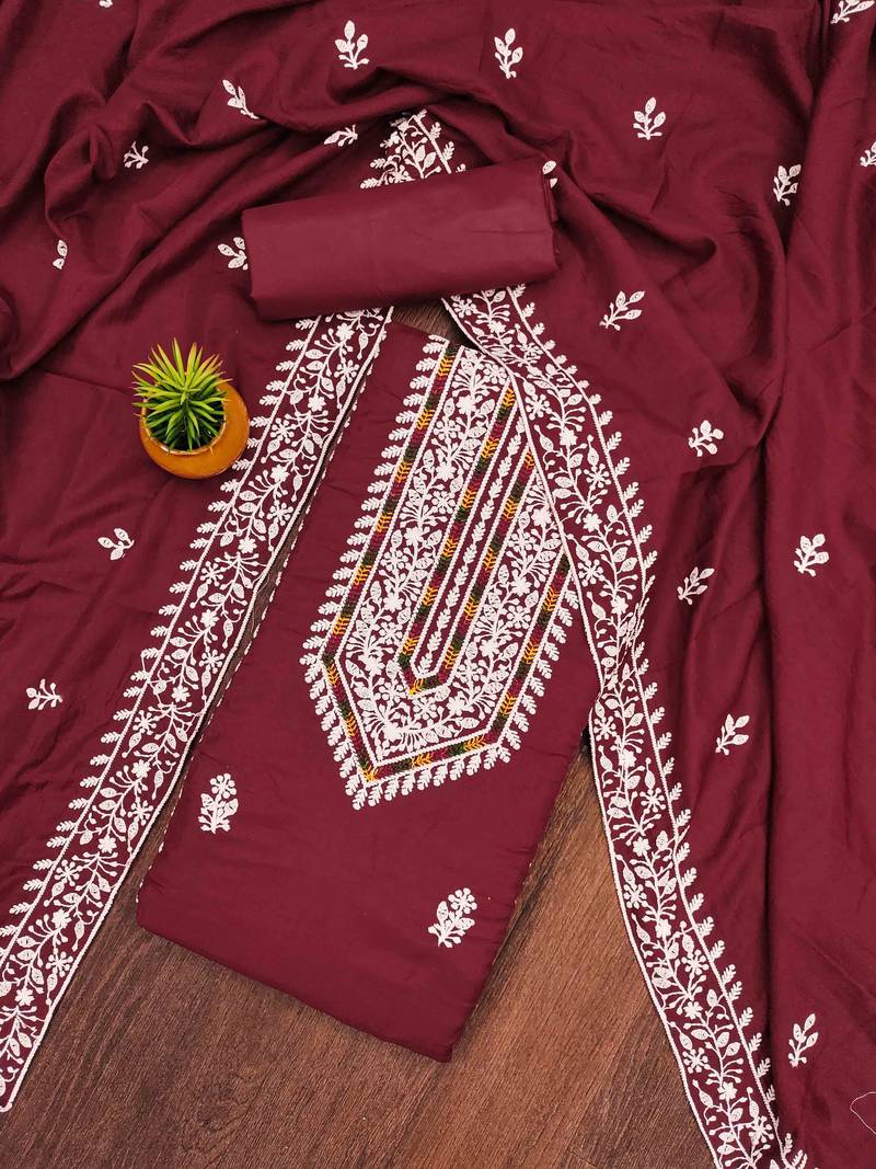 maroon silk blend embroidered unstitched dressmaterials 3 pair top bottom dupptaa
