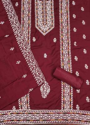 maroon silk blend embroidered unstitched dressmaterials 3 pair top bottom dupptaa 2