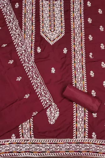 maroon silk blend embroidered unstitched dressmaterials 3 pair top bottom dupptaa