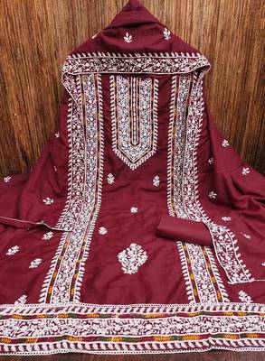 maroon silk blend embroidered unstitched dressmaterials 3 pair top bottom dupptaa 3