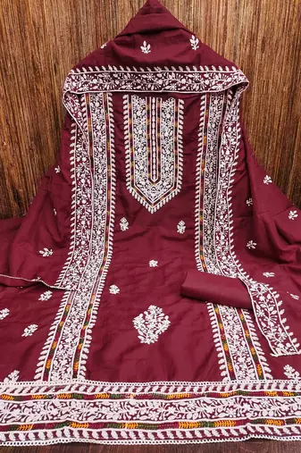 maroon silk blend embroidered unstitched dressmaterials 3 pair top bottom dupptaa