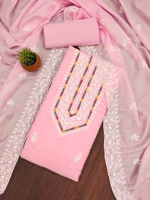 pink silk blend embroidered unstitched dressmaterials 3 pair top bottom dupptaa 1