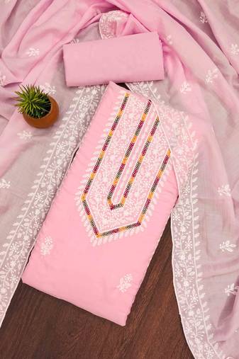 pink silk blend embroidered unstitched dressmaterials 3 pair top bottom dupptaa