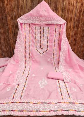 pink silk blend embroidered unstitched dressmaterials 3 pair top bottom dupptaa 2