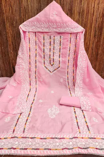 pink silk blend embroidered unstitched dressmaterials 3 pair top bottom dupptaa