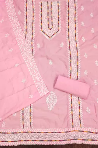 pink silk blend embroidered unstitched dressmaterials 3 pair top bottom dupptaa
