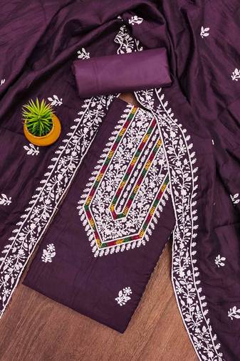 purple silk blend embroidered unstitched dressmaterials 3 pair top bottom dupptaa