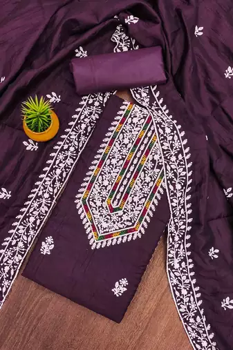 purple silk blend embroidered unstitched dressmaterials 3 pair top bottom dupptaa