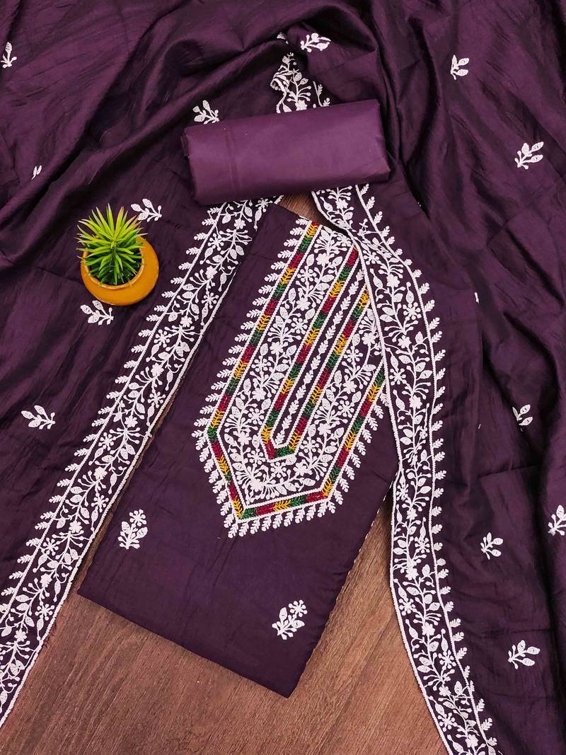 purple silk blend embroidered unstitched dressmaterials 3 pair top bottom dupptaa
