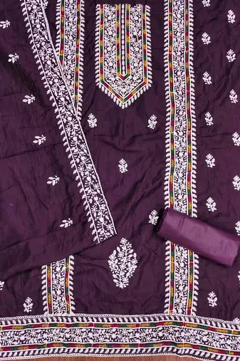 purple silk blend embroidered unstitched dressmaterials 3 pair top bottom dupptaa