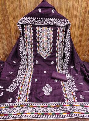 purple silk blend embroidered unstitched dressmaterials 3 pair top bottom dupptaa 3
